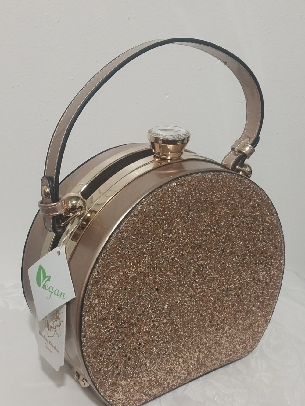 Vegan Rose Gold Glitter Round Top-Handle Bag